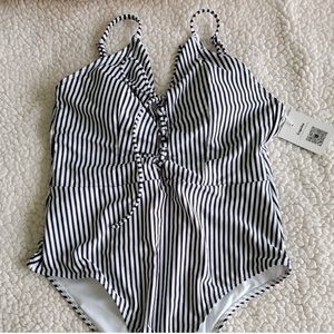 Black and white striped one piece